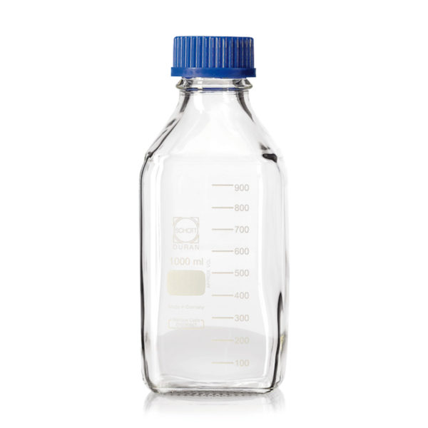 Kwadratowe butelki laboratoryjne ze szkła Duran z zakrętką o poj. od 100 ml do 1 l