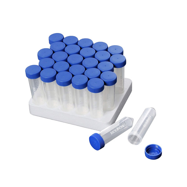 Probówki wirówkowe typu Falcon z zakrętką Flat Top - w statywach styropianowych - o poj. 15 i 50 ml - b-0332 - probowki-z-pp-typu-falcon-z-zakretka-flat-top - stozkowe - 50-ml - 29-x-115-mm - sterylny - statyw-styropianowy - 25-szt