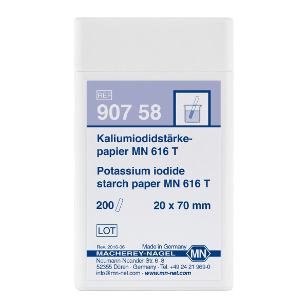 Papierki do oznaczeń jakościowych - skrobiowe z jodkiem potasu - do wykrywania azotynów i wolnego chloru - m-3705 - paski-skrobiowe-z-jodkiem-potasu-616-t - bialy-niebieskofioletowy - pudelko - 200-szt