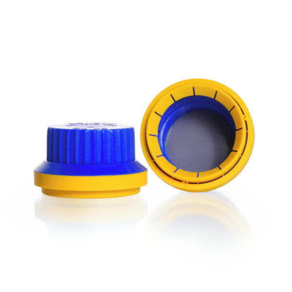 Zakrętki Duran z pierścieniem plombującym GL 45 z uszczelką z PTFE niebiesko-żółte