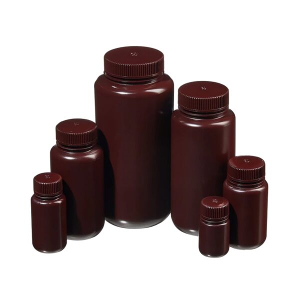 Butelki laboratoryjne z HDPE z zakrętką z PP – brązowe - z szeroką szyją – poj. 30 ml – 1000 ml
