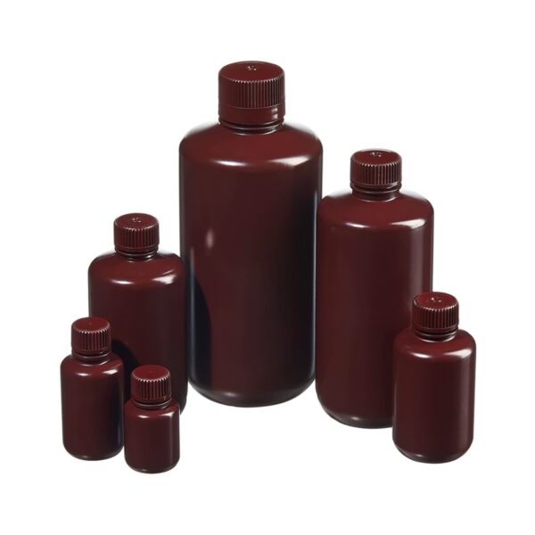 Butelki laboratoryjne z HDPE z zakrętką z PP - brązowe - z wąską szyją - poj. 4 ml - 1000 ml