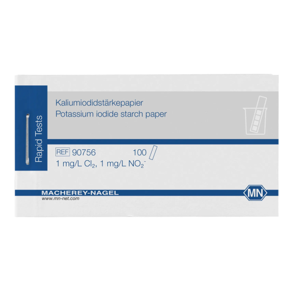 Papierki do oznaczeń jakościowych - skrobiowe z jodkiem potasu - do wykrywania azotynów i wolnego chloru - m-3704 - paski-skrobiowe-z-jodkiem-potasu-816-n - bialy-niebieskofioletowy - ksiazeczka - 100-szt