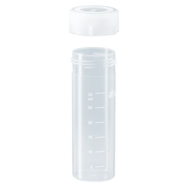 Probówki płaskodenne - z zakrętką - poj. 5 ml - 120 ml - j-0338 - probowki-plaskodenne-z-pp-ze-skala - 40-ml - 285-x-85-mm - bezbarwna - niesterylny - worek - 50-szt - 62-555