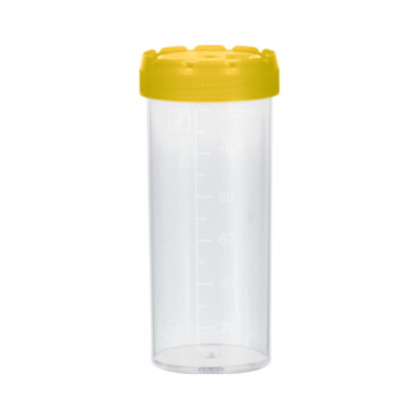 Pojemniki z PP na próbki - z zakrętką z HDPE - poj. 120-500 ml - j-0792 - pojemniki-z-pp-na-probki-ze-skala - 120-ml - 44-x-105-mm - z-nakrecona-zakretka - zolty - sterylny - 250-szt - 75-9922-420