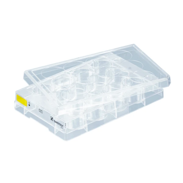 Płytki mikrotestowe Cell⁺ do hodowli adherentnej - z pokrywkami - j-4422 - plytki-mikrotestowe-cell - 12-dolkow - f-ksztaltne - 365-cm%c2%b2 - tc-tested - 50-szt - 83-3921-300