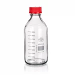 Butelki ze szkła Simax z zakrętką z PBT - bezbarwne - poj. 100 - 20000 ml - s-2111 - butelka-laboratoryjna-ze-szkla-simax - bezbarwna - czerwony-pbt - 100-ml - 56-x-105-mm-2 - gl45-2