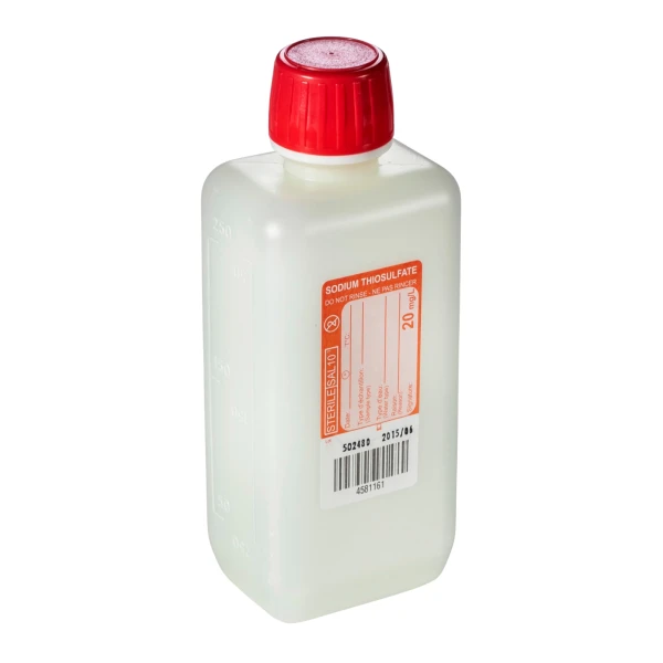 Butelki czworokątne z HDPE z zamknięciem samoplombującym - z tiosiarczanem sodu - e-6925 - butelki-czworokatne-z-hdpe - 250-ml - 20-mm - zakretka-samoplombujaca - 20-mg-l - sterylny - zbiorcze - 312-szt - hfv250-01