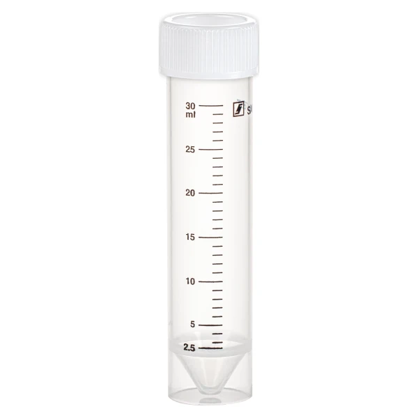 Probówki stożkowodenne - z zakrętką z HDPE - samostojące - poj. 25-30 ml - j-0278 - probowki-stozkowodenne-z-pp-ze-skala - 30-ml - 25-x-107-mm - bezbarwny - niesterylny - worek - 125-szt - 62-543