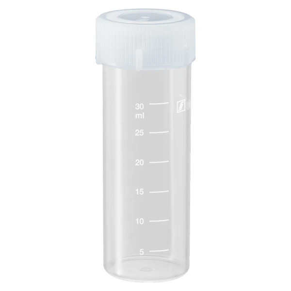 Probówki płaskodenne - z zakrętką - poj. 5 ml - 120 ml - j-0337 - probowki-plaskodenne-z-pp-ze-skala - 40-ml - 285-x-85-mm - bezbarwny - sterylny - worek - 50-szt - 62-555-001