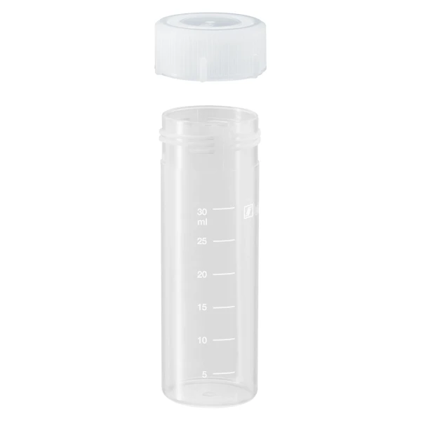 Probówki płaskodenne - z zakrętką - poj. 5 ml - 120 ml - j-0338 - probowki-plaskodenne-z-pp-ze-skala - 40-ml - 285-x-85-mm - bezbarwny - niesterylny - worek - 50-szt - 62-555