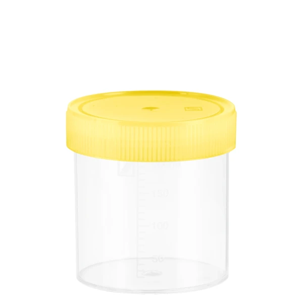 Pojemniki z PP na próbki - z zakrętką z HDPE - poj. 120-500 ml - j-0794 - pojemniki-z-pp-na-probki-ze-skala - 250-ml - 70-x-78-mm - z-nakrecona-zakretka - zolty - sterylny - 150-szt - 75-9922-534