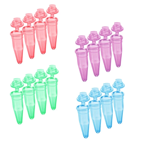 Probówki Multiply®-µStripPro do PCR w paskach - 4-stanowiskowe - z ind. połączonymi zatyczkami - poj. 0,2 ml - j-1052 - probowki-w-paskach-02-ml-4-stanowiskowe - 02-ml - czerwony-zielony-niebieski-fioletowy - pcr-performance-tested - 480-szt - 72-990-992