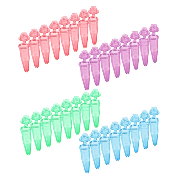 Probówki Multiply®-µStripPro do PCR w paskach - 8-stanowiskowe - z ind. połączonymi zatyczkami - poj. 0,2 ml - j-1062 - probowki-do-pcr-w-paskach-8-stanowiskowe - 02-ml - czerwony-zielony-niebieski-fioletowy - pcr-performance-tested - 480-szt - 72-991-992
