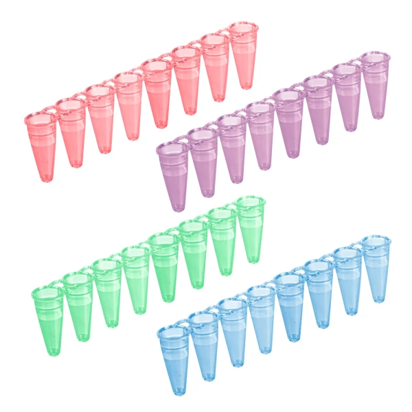 Probówki Multiply®-µStripPro do PCR w paskach - 8-stanowiskowe - bez zatyczek - poj. 0,2 ml - j-1073 - probowki-do-pcr-w-paskach-8-stanowiskowe - 02-ml - czerwony-zielony-niebieski-fioletowy - pcr-performance-tested - 480-szt - 72-985-992